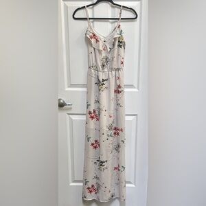 Dynamite Cream Floral Tie-Waist Maxi Dress with Pink & Green Accents